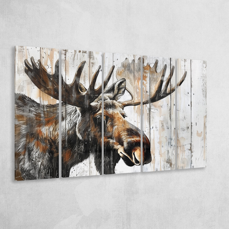 Moose Painted On Wood Background Rustic Art, Extra Large Multi 5 Panel Canvas Print Wall Art Decor