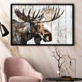 Moose Painted On Wood Background Rustic Art, Framed Canvas Print Wall Art Decor,Floating Frame