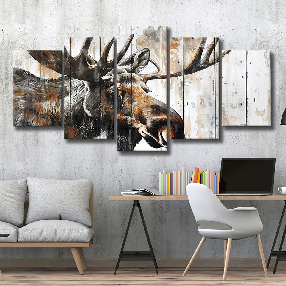 Moose Painted On Wood Background Rustic Art, Multi Panel Canvas Print Wall Art Decor, 5 Mixed Panel
