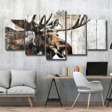 Moose Painted On Wood Background Rustic Art, Multi Panel Canvas Print Wall Art Decor, 5 Mixed Panel
