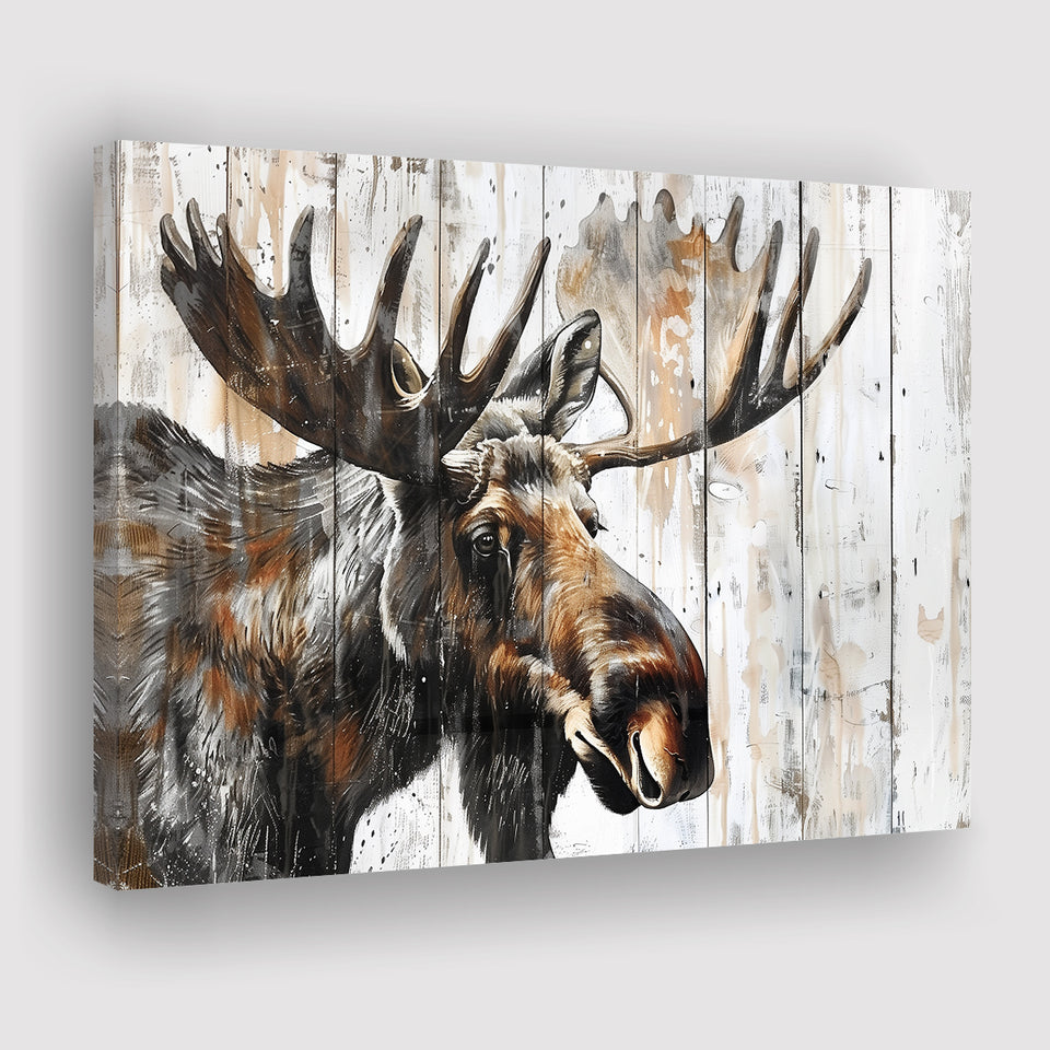 Moose Painted On Wood Background Rustic Art, Canvas Print Wall Art Decor, Landscape Art Print