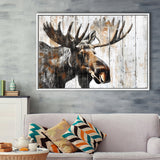 Moose Painted On Wood Background Rustic Art, Framed Canvas Print Wall Art Decor,Floating Frame