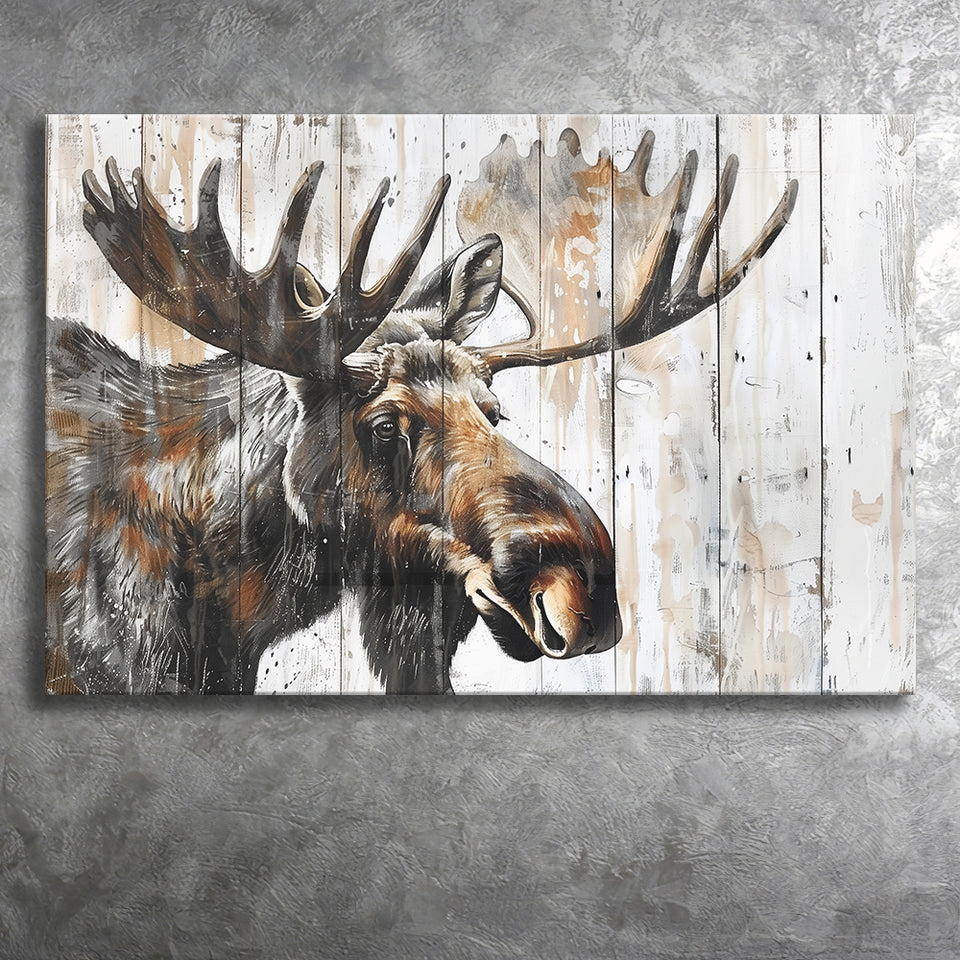Moose Painted On Wood Background Rustic Art, Canvas Print Wall Art Decor, Landscape Art Print