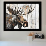 Moose Painted On Wood Background Rustic Art, Framed Art Print Wall Decor, Framed Picture