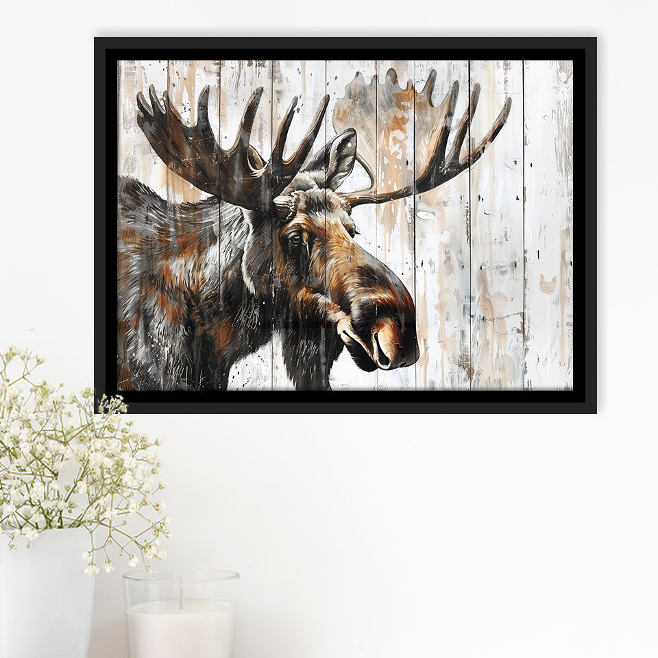 Moose Painted On Wood Background Rustic Art, Framed Canvas Print Wall Art Decor,Floating Frame