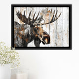 Moose Painted On Wood Background Rustic Art, Framed Canvas Print Wall Art Decor,Floating Frame