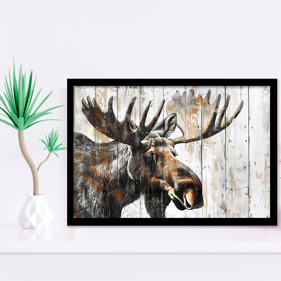 Moose Painted On Wood Background Rustic Art, Framed Art Print Wall Decor, Framed Picture