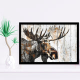 Moose Painted On Wood Background Rustic Art, Framed Art Print Wall Decor, Framed Picture