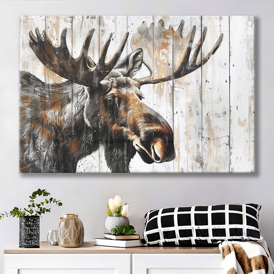 Moose Painted On Wood Background Rustic Art, Canvas Print Wall Art Decor, Landscape Art Print