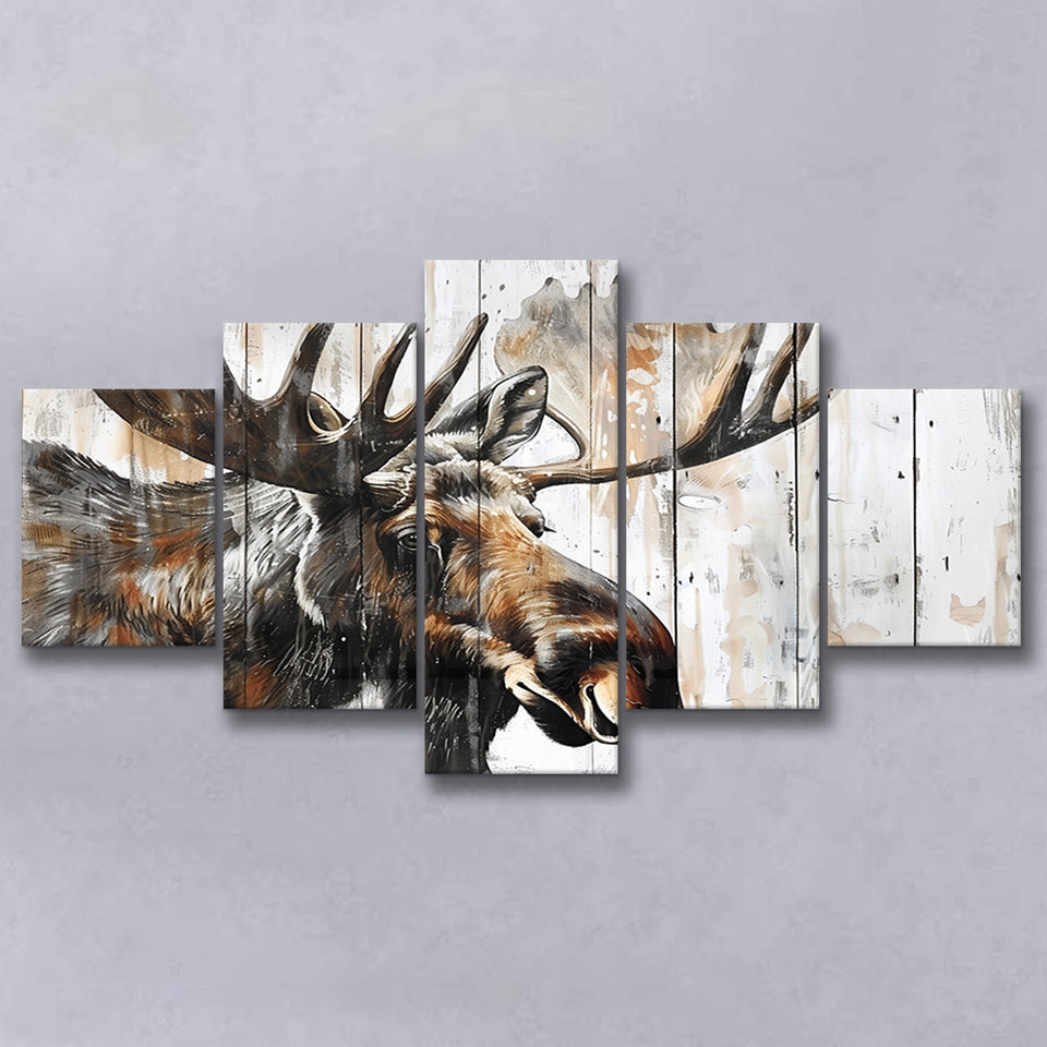 Moose Painted On Wood Background Rustic Art, Multi Panel Canvas Print Wall Art Decor, 5 Mixed Panel