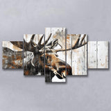 Moose Painted On Wood Background Rustic Art, Multi Panel Canvas Print Wall Art Decor, 5 Mixed Panel
