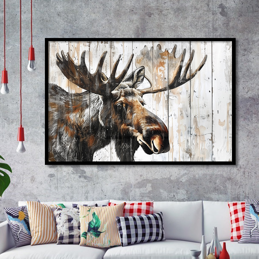 Moose Painted On Wood Background Rustic Art, Framed Art Print Wall Decor, Framed Picture