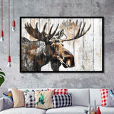 Moose Painted On Wood Background Rustic Art, Framed Art Print Wall Decor, Framed Picture