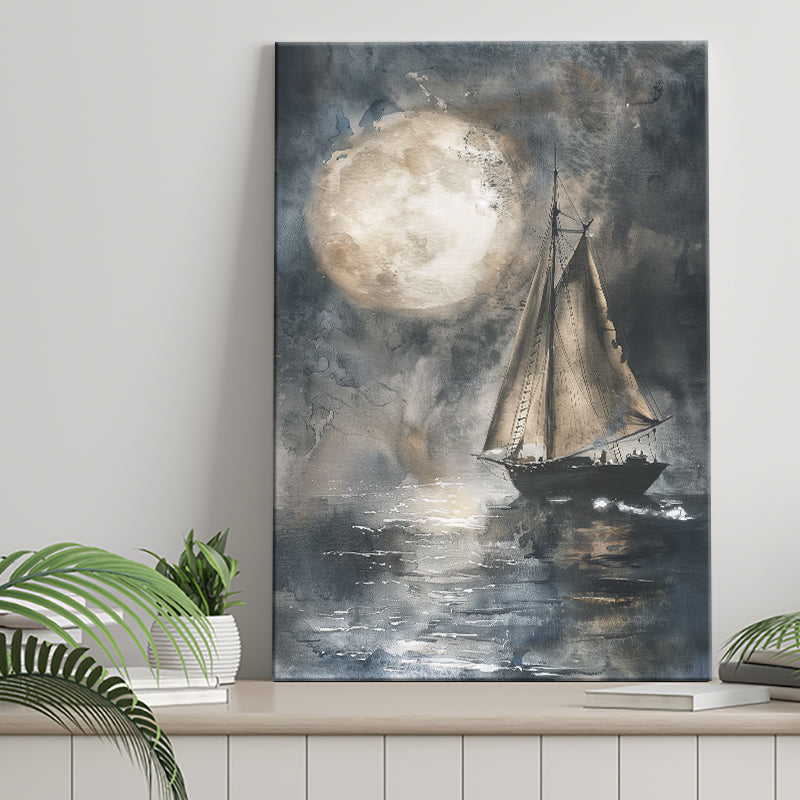Muted Sailboat In Moonlight, Big Moon, Watercolor Painting, Canvas Prints Wall Art Home Decor, Painting Canvas Art