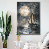 Muted Sailboat In Moonlight, Big Moon, Watercolor Painting, Framed Canvas Prints Wall Art Decor, Floarting Frame Painting Canvas