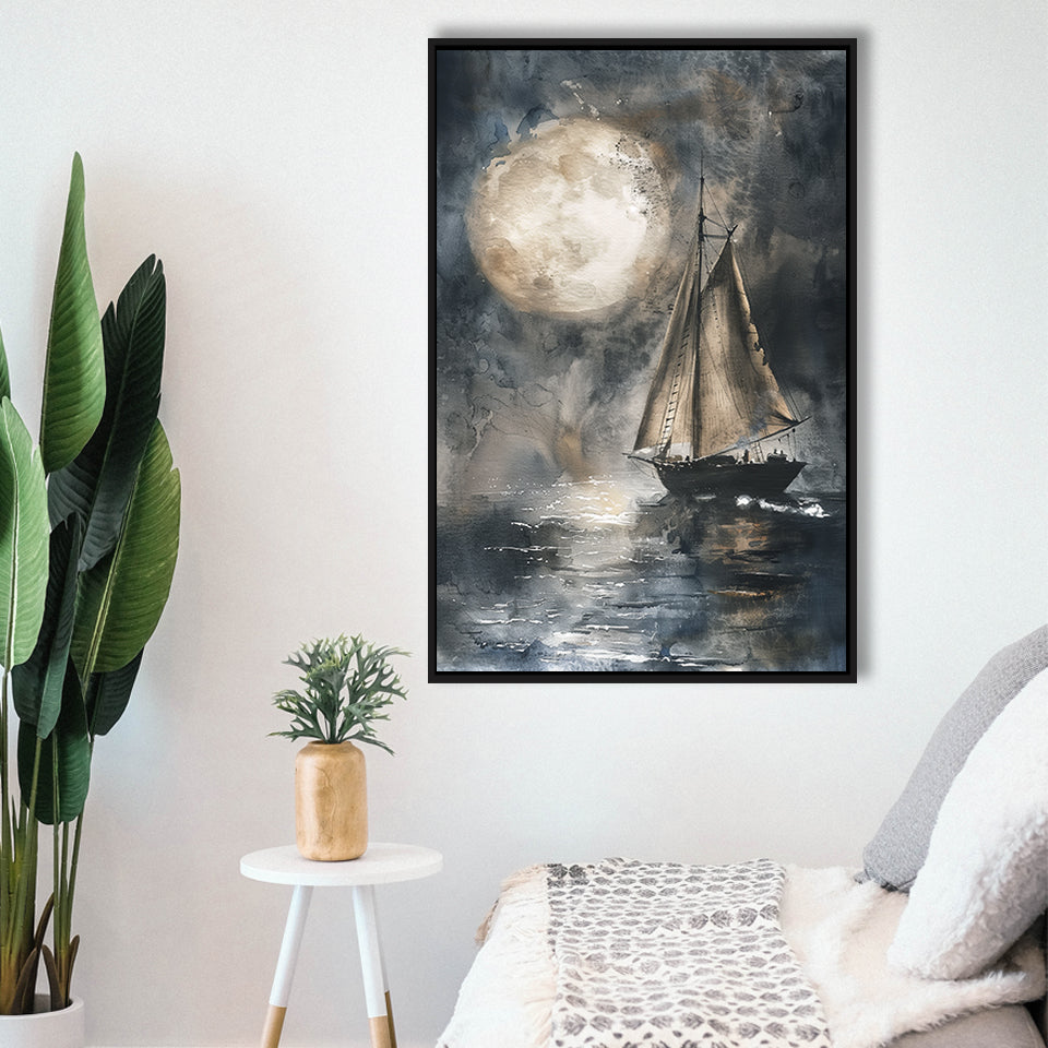 Muted Sailboat In Moonlight, Big Moon, Watercolor Painting, Framed Canvas Prints Wall Art Decor, Floarting Frame Painting Canvas