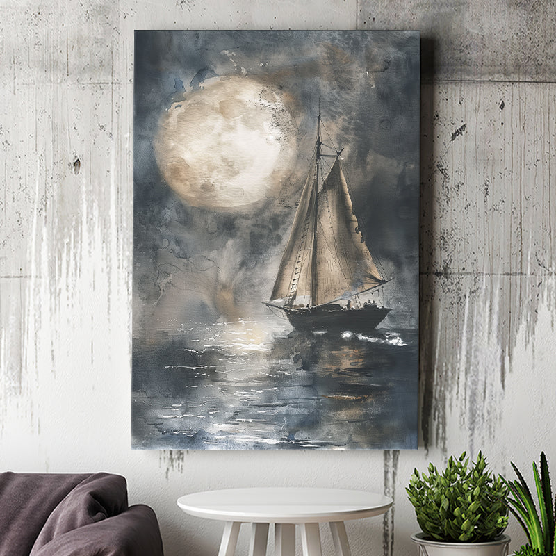 Muted Sailboat In Moonlight, Big Moon, Watercolor Painting, Canvas Prints Wall Art Home Decor, Painting Canvas Art