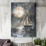 Muted Sailboat In Moonlight, Big Moon, Watercolor Painting, Canvas Prints Wall Art Home Decor, Painting Canvas Art