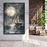 Muted Sailboat In Moonlight, Big Moon, Watercolor Painting, Framed Canvas Prints Wall Art Decor, Floarting Frame Painting Canvas