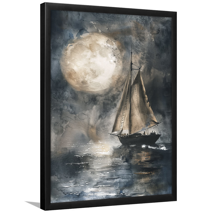 Muted Sailboat In Moonlight, Big Moon, Watercolor Painting, Framed Art Prints Wall Decor, Picture Framed Painting