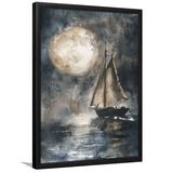 Muted Sailboat In Moonlight, Big Moon, Watercolor Painting, Framed Art Prints Wall Decor, Picture Framed Painting