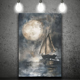 Muted Sailboat In Moonlight, Big Moon, Watercolor Painting, Canvas Prints Wall Art Home Decor, Painting Canvas Art