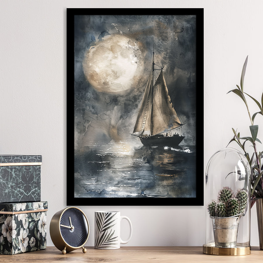 Muted Sailboat In Moonlight, Big Moon, Watercolor Painting, Framed Art Prints Wall Decor, Picture Framed Painting