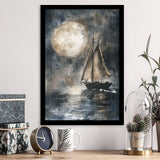Muted Sailboat In Moonlight, Big Moon, Watercolor Painting, Framed Art Prints Wall Decor, Picture Framed Painting