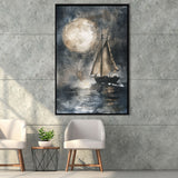 Muted Sailboat In Moonlight, Big Moon, Watercolor Painting, Framed Canvas Prints Wall Art Decor, Floarting Frame Painting Canvas
