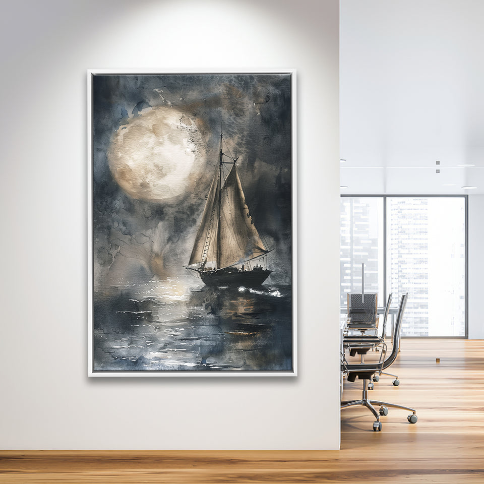 Muted Sailboat In Moonlight, Big Moon, Watercolor Painting, Framed Canvas Prints Wall Art Decor, Floarting Frame Painting Canvas