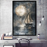 Muted Sailboat In Moonlight, Big Moon, Watercolor Painting, Framed Art Prints Wall Decor, Picture Framed Painting