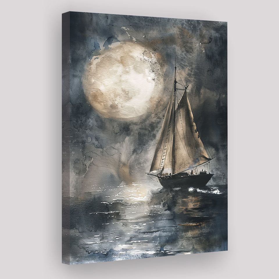 Muted Sailboat In Moonlight, Big Moon, Watercolor Painting, Canvas Prints Wall Art Home Decor, Painting Canvas Art