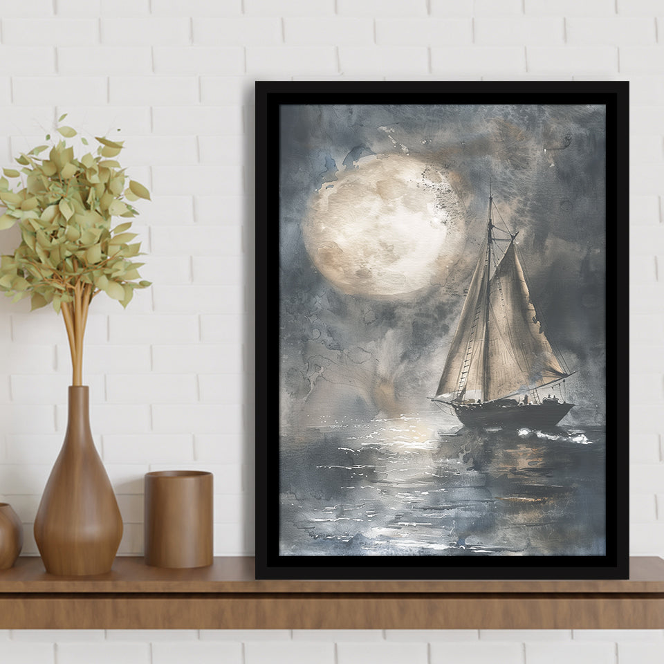 Muted Sailboat In Moonlight, Big Moon, Watercolor Painting, Framed Canvas Prints Wall Art Decor, Floarting Frame Painting Canvas