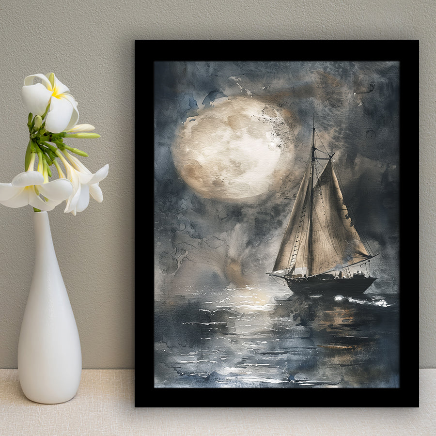 Muted Sailboat In Moonlight, Big Moon, Watercolor Painting, Framed Art Prints Wall Decor, Picture Framed Painting