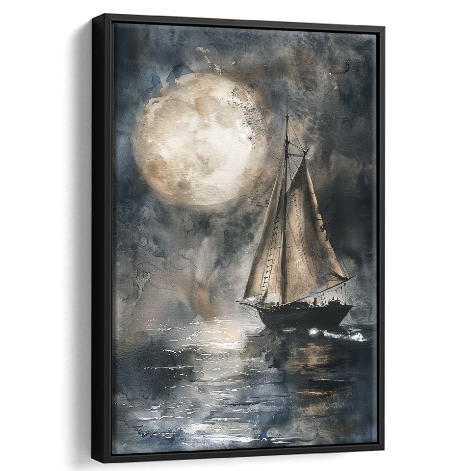 Muted Sailboat In Moonlight, Big Moon, Watercolor Painting, Framed Canvas Prints Wall Art Decor, Floarting Frame Painting Canvas