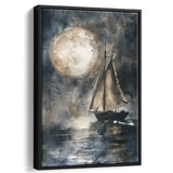 Muted Sailboat In Moonlight, Big Moon, Watercolor Painting, Framed Canvas Prints Wall Art Decor, Floarting Frame Painting Canvas