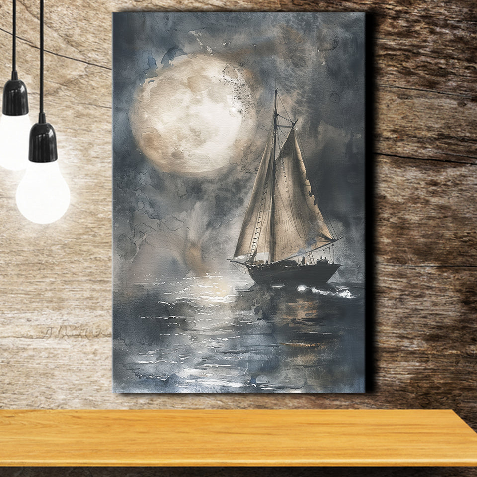 Muted Sailboat In Moonlight, Big Moon, Watercolor Painting, Canvas Prints Wall Art Home Decor, Painting Canvas Art