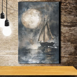 Muted Sailboat In Moonlight, Big Moon, Watercolor Painting, Canvas Prints Wall Art Home Decor, Painting Canvas Art