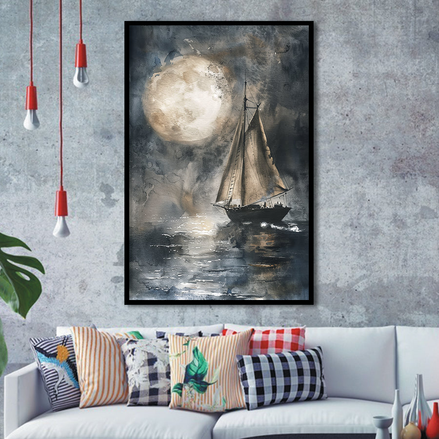 Muted Sailboat In Moonlight, Big Moon, Watercolor Painting, Framed Art Prints Wall Decor, Picture Framed Painting