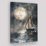 Muted Sailboat In Moonlight, Big Moon, Watercolor Painting, Canvas Prints Wall Art Home Decor, Painting Canvas Art