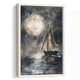Muted Sailboat In Moonlight, Big Moon, Watercolor Painting, Framed Canvas Prints Wall Art Decor, Floarting Frame Painting Canvas
