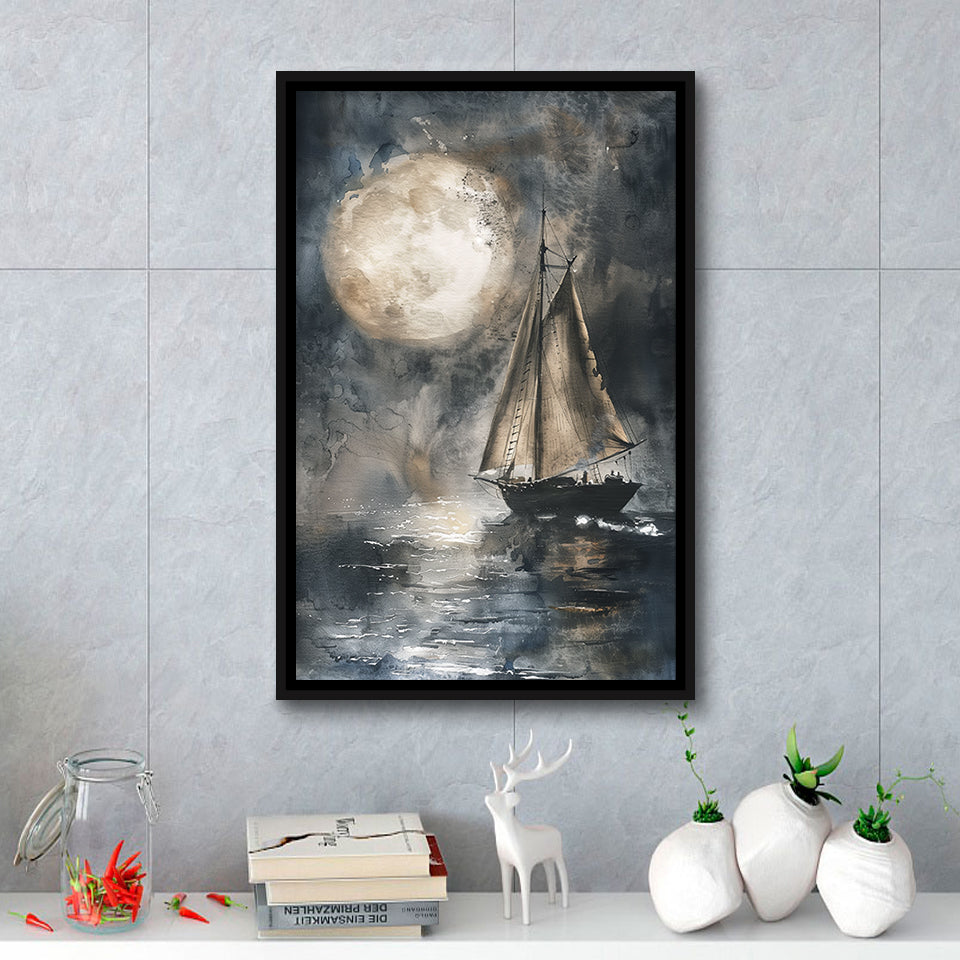 Muted Sailboat In Moonlight, Big Moon, Watercolor Painting, Framed Canvas Prints Wall Art Decor, Floarting Frame Painting Canvas