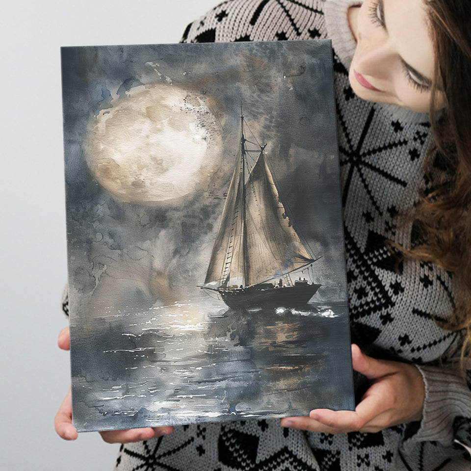 Muted Sailboat In Moonlight, Big Moon, Watercolor Painting, Canvas Prints Wall Art Home Decor, Painting Canvas Art