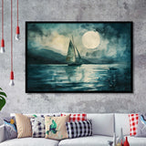 Muted Sailboat In Moonlight, Landscape Art Watercolor Painting, Framed Art Print Wall Decor, Picture Framed Painting Art