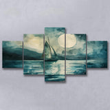 Muted Sailboat In Moonlight, Landscape Art Watercolor Painting, Mixed 5 Panel Canvas Print Wall Art Decor, Large Canvas