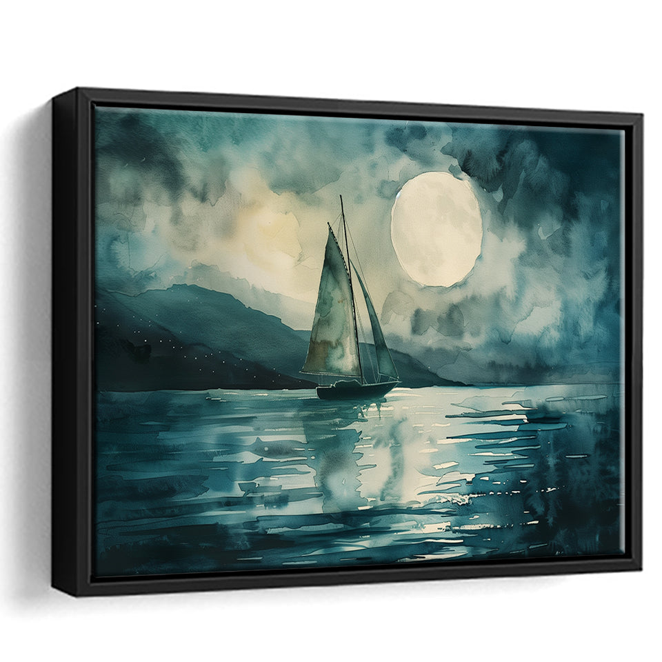 Muted Sailboat In Moonlight, Landscape Art Watercolor Painting, Framed Painting Canvas Print Wall Art Decor, Floating Frame