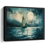 Muted Sailboat In Moonlight, Landscape Art Watercolor Painting, Framed Painting Canvas Print Wall Art Decor, Floating Frame