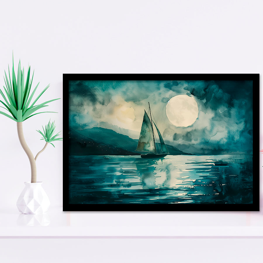 Muted Sailboat In Moonlight, Landscape Art Watercolor Painting, Framed Art Print Wall Decor, Picture Framed Painting Art
