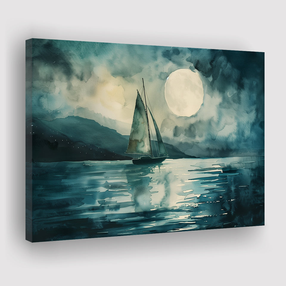 Muted Sailboat In Moonlight, Landscape Art Watercolor Painting, Canvas Print Wall Art Home Decor, Painting Canvas Art Print