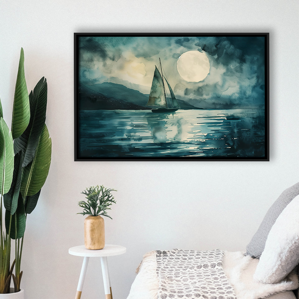 Muted Sailboat In Moonlight, Landscape Art Watercolor Painting, Framed Painting Canvas Print Wall Art Decor, Floating Frame